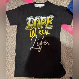 Black Graphic Tee with Yellow and White Print - Dope in Real Life